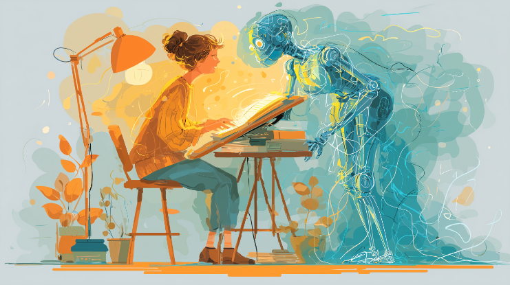 Futuristic illustration of a human writer collaborating with an AI assistant on a glowing screen