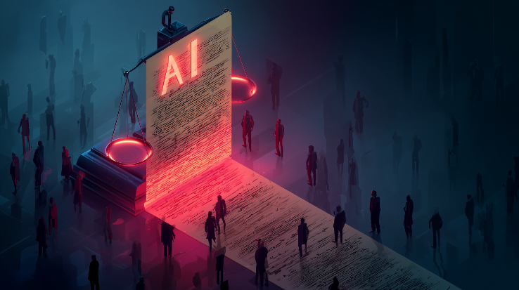Futuristic illustration of a judge or scale weighing human writing against an AI label on a glowing screen