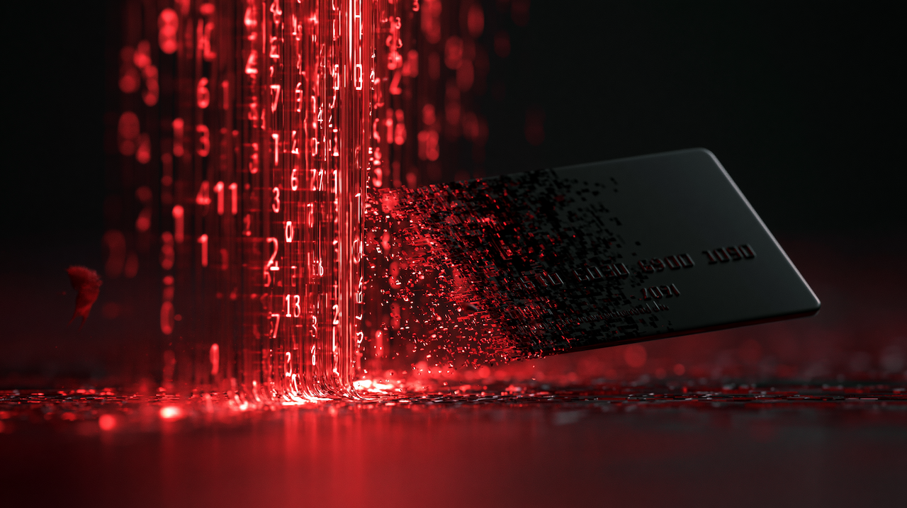 Conceptual illustration of neon red digital numbers flowing down like a waterfall, dissolving into a black credit card