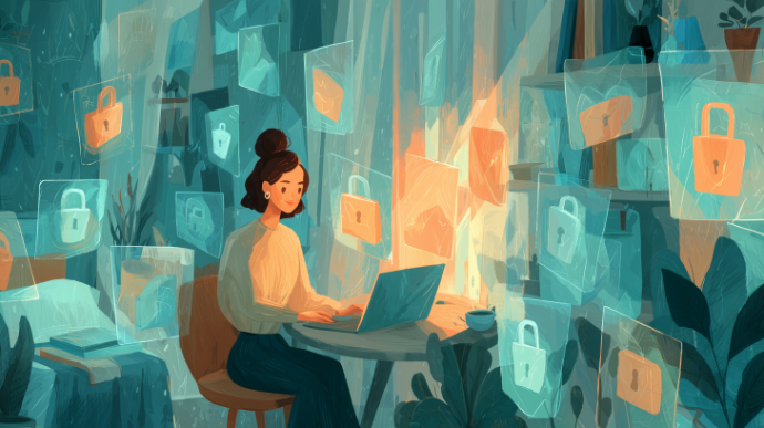 Illustration of a person safely shopping online on a laptop with security icons