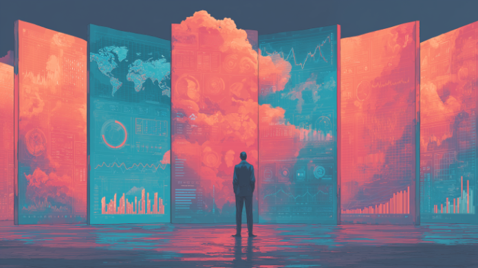 Person analysing multiple futuristic YouTube analytics panels with different RPM and revenue numbers