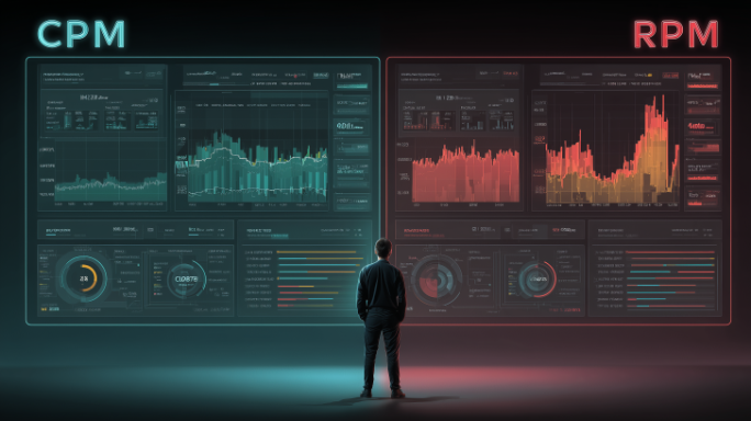 Futuristic analytics dashboards comparing YouTube CPM and RPM metrics